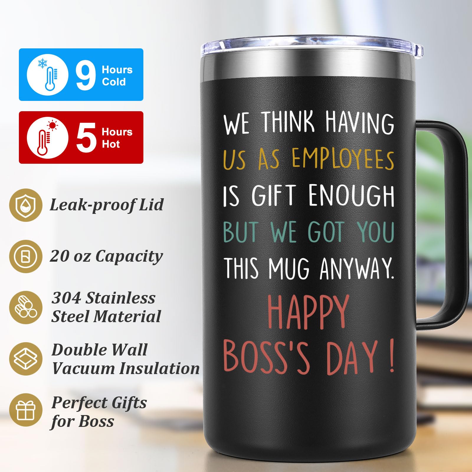 Lifecapido Boss Day Gifts, Boss Gifts, Having Us As Employees Is Gift Enough 20oz Insulated Coffee Mug with Boss Day Card, Birthday Retirement Christmas Gifts for Boss Employer from Employees, Black