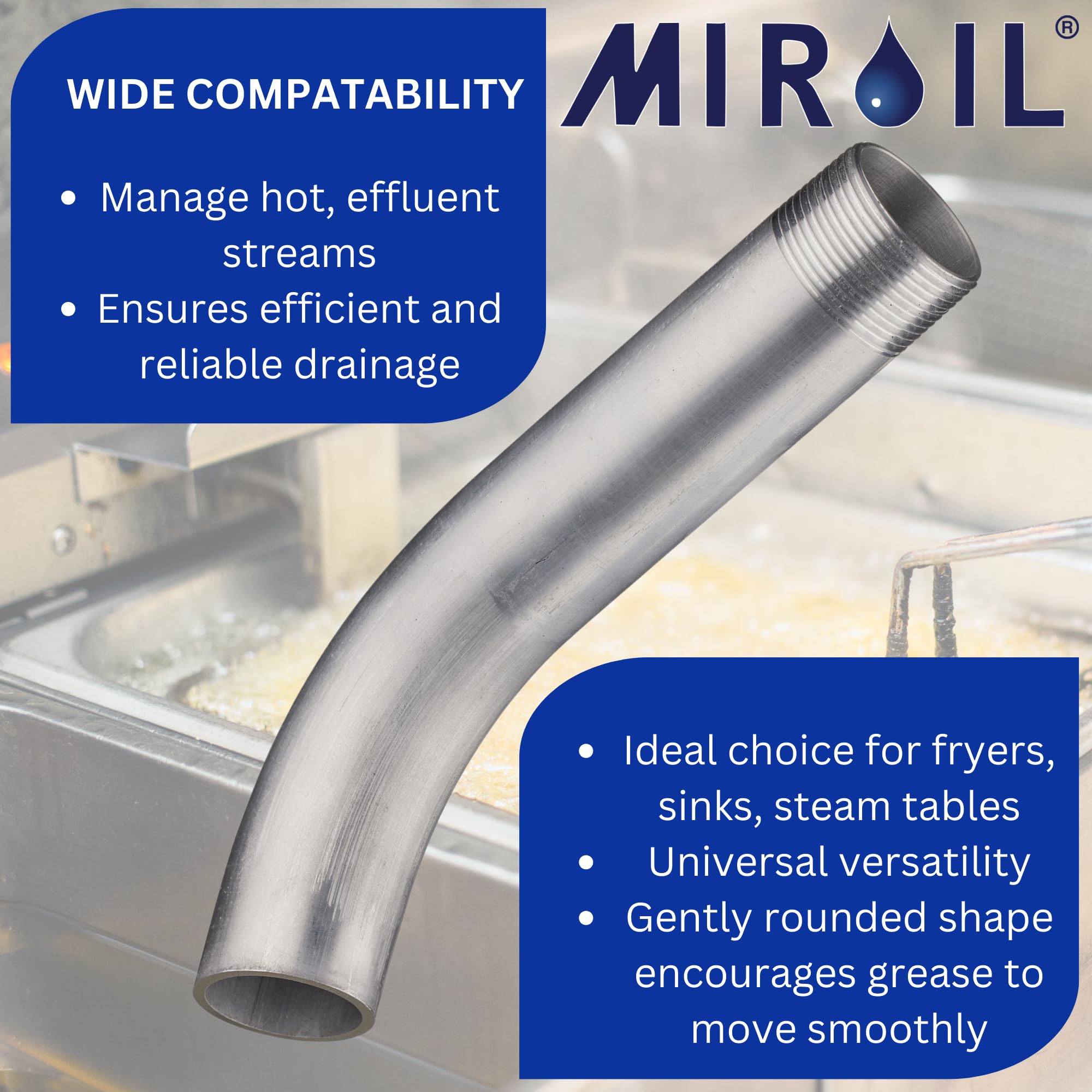 1.25" Oil Fryer Drain Spout, Deep Fryer Curve Out Drain Pipe Fitting, Fryer Drain Extension Pipe, Drain Nipple for Deep Fryers, Oil Fryers, Sinks, 1.25" Screw in x 9.5" Oil Spout by MirOil #90295