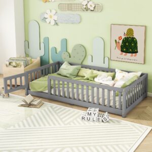 twin floor bed with slats and center support bar, montessori floor bed with fence and door, kids montessori bed twin size, wood montessori floor bed for kids, girls, boys(twin gray)