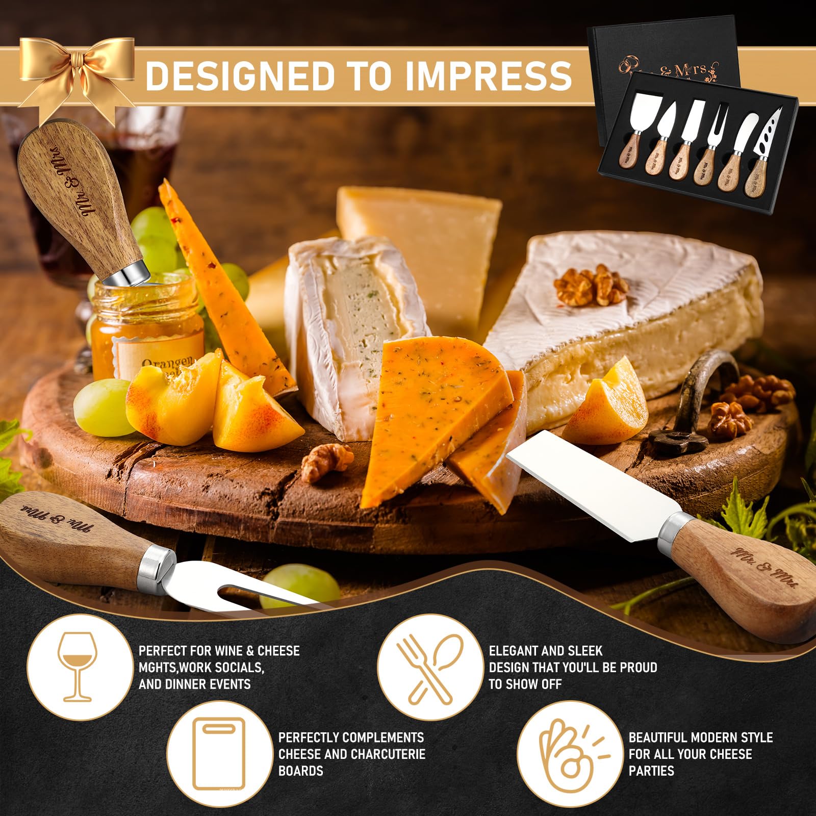 Teenyyou 6 Pcs Cheese Knife Set Wedding Gifts Stainless Steel Cheese Knives Collection with Wooden Handle Mr and Mrs Gifts Bridal Shower Gifts, Bride to Be Engagement Gifts for Couple Newlyweds