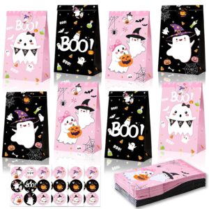 24pcs halloween paper treat bags pink black boo ghost pumpkin candy goodie bags with stickers for halloween trick or treat party favors baby shower supplies