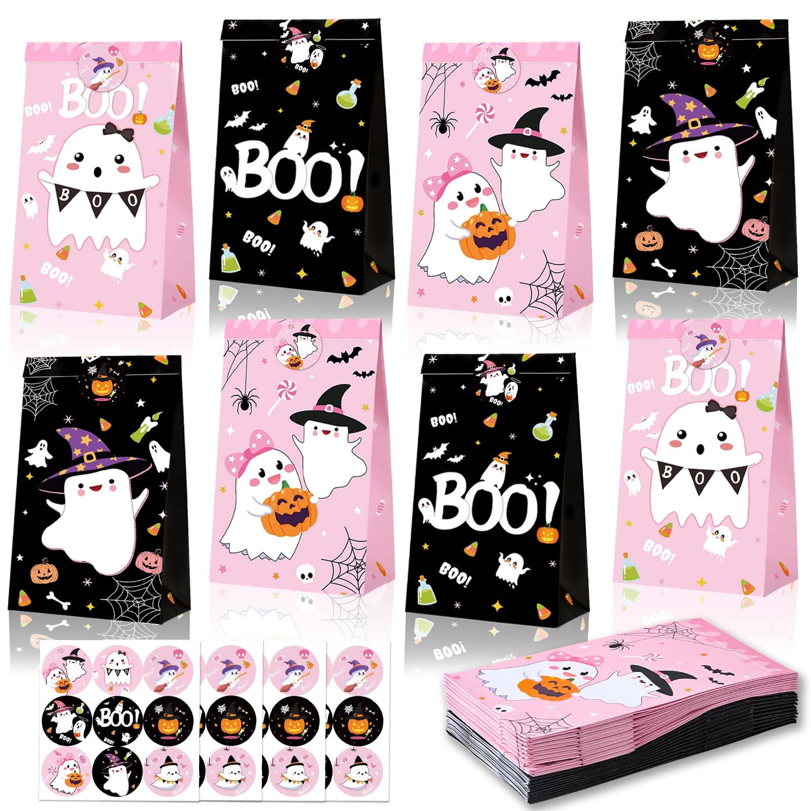 24Pcs Halloween Paper Treat Bags Pink Black Boo Ghost Pumpkin Candy Goodie Bags with Stickers for Halloween Trick or Treat Party Favors Baby Shower Supplies