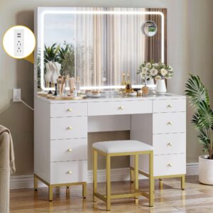 DWVO Vanity Desk Set with Large LED Lighted and Mirror & Power Outlet, Glass Top Vanity with Adjustable 3 Color Lighting Modes and 9 Drawer Magnifying Glass, 47" Makeup Vanity Desk with Bench, White