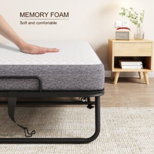 Espsilto Folding Bed with Mattress, 75" x31‘’RollAway Bed for Adults, Portable Foldable Bed for Guest with Memory Foam Mattress on Wheels for Saving Space