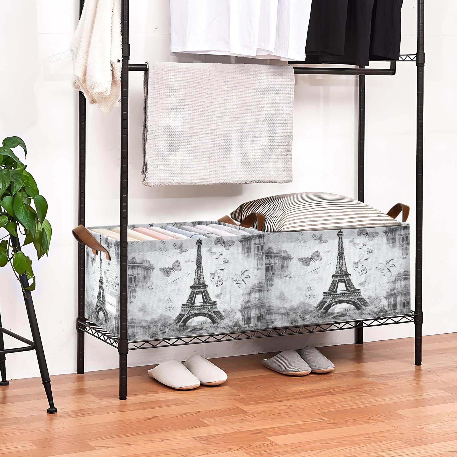 KJIZMO Paris Eiffel Tower Foldable Storage Basket for Shelves, Collapsible Sturdy Storage Bin with Handles, Storage Cube for Organizing Closet 2PCS