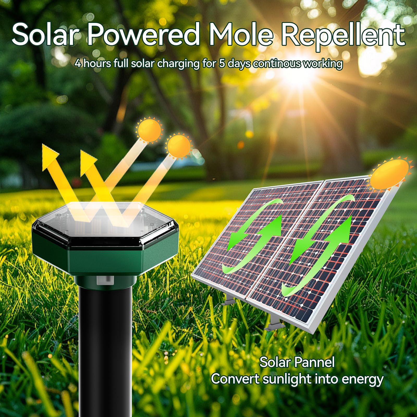 Mole Repellent Solar Powered 4 Pack buzzkick Solar Mole Repellent Ultrasonic Rodent Repeller，Vole Repellent Outdoor，Ultrasonic Pest Repeller for Yard