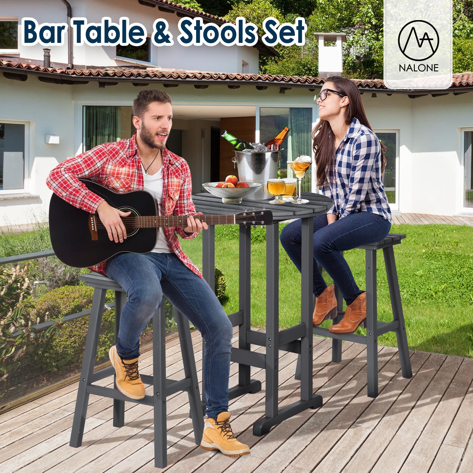 nalone 29 Inch Outdoor Bar Stools Set of 2, HDPE Bar Chairs with Footrest, Weather Resistant Barstools Outside Bar Height Stools for Bar, Kitchen Counter, Balcony (Black, 29'' Barstools Set of 2)