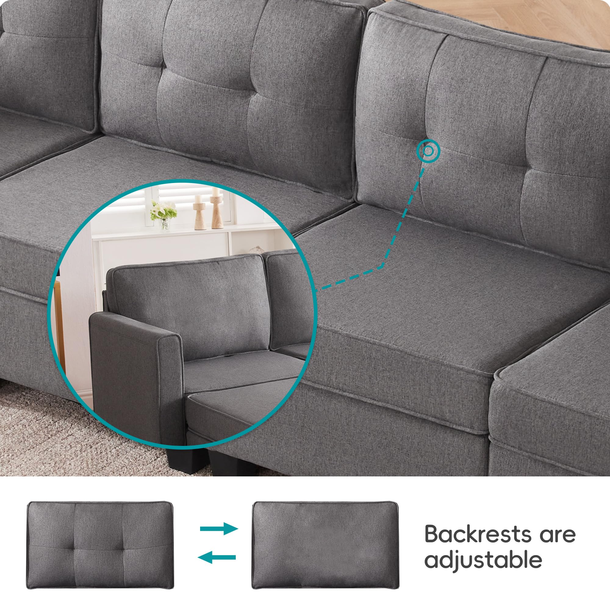 Tbfit Modular Sectional Couch Sofa, Convertible U Shaped Couch with Storage Ottomans, 6 Seat Modular Sectionals Sofa Couches for Living Room, Dark Grey