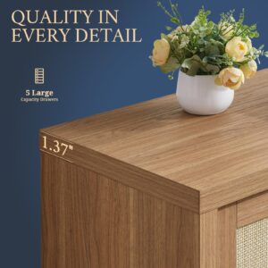 OAKHAM HOME 5 Drawer Dresser, Rattan Dresser for Bedroom with 5 Storage Drawers, Tall Dresser Chest of Drawers for Closet Bedside, Living Room Hallway 17.7" D x 29.5" W x 46.7" H, Weathered Oak