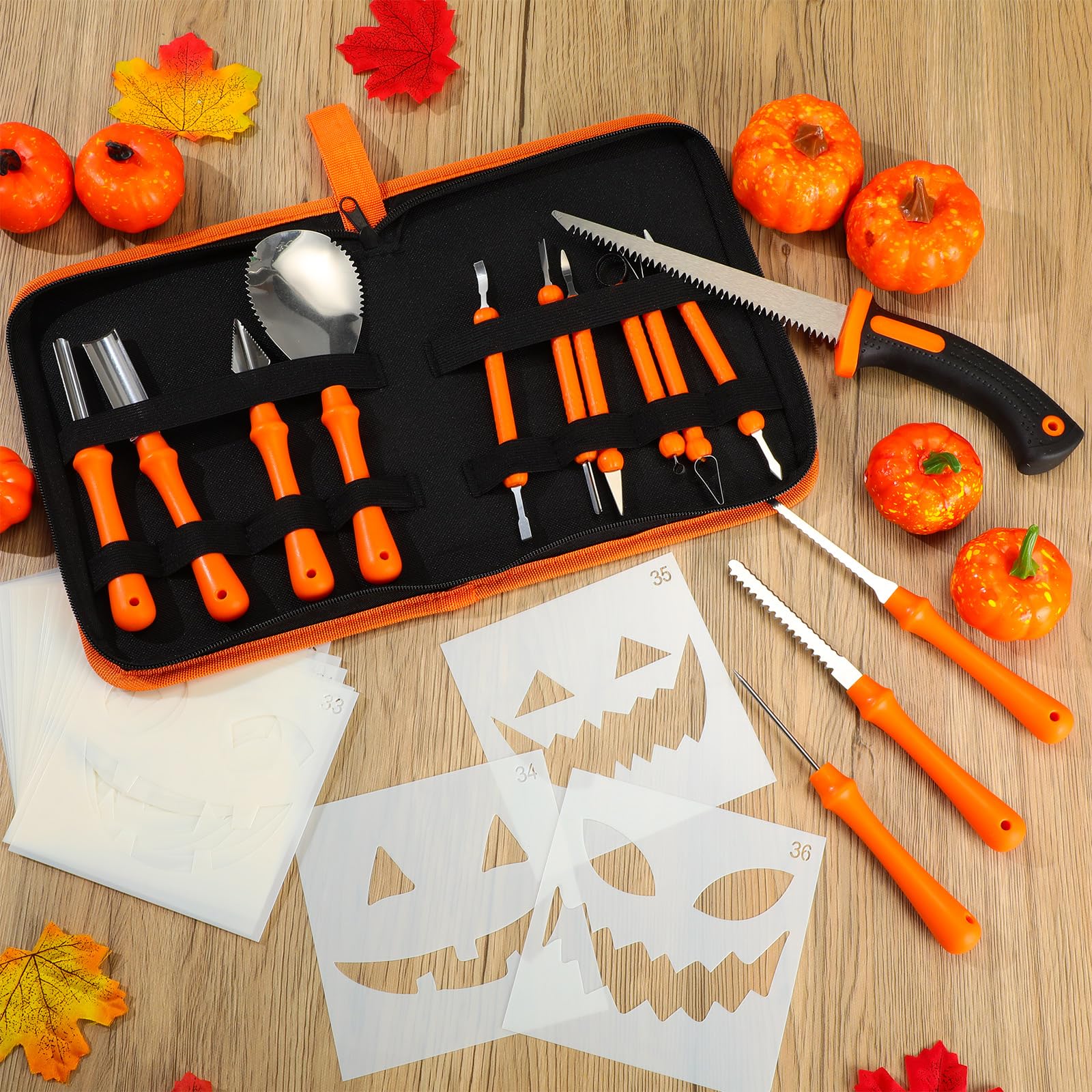 MorningRo 34 PCS Halloween Pumpkin Carving Kit, 13 PCS Professional Heavy Duty Stainless Steel Double Side Pumpkin Carving Tool with Pumpkin Carving Knife and 20 Pumpkin Stencils for Kids Adults