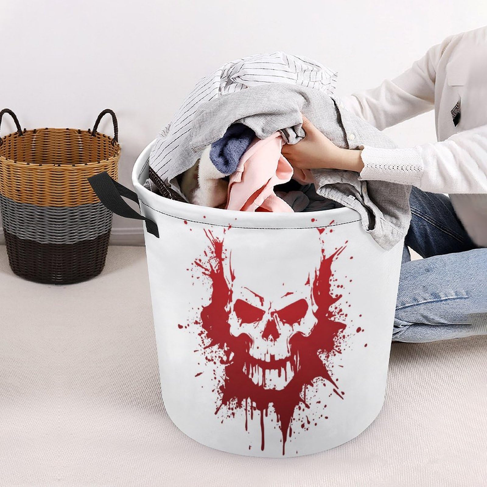 TsyTma Halloween Blood Skull Laundry Basket Small Collapsible Laundry Hamper with Handles Round Dirty Clothes Hampers for Laundry Bedroom Bathroom