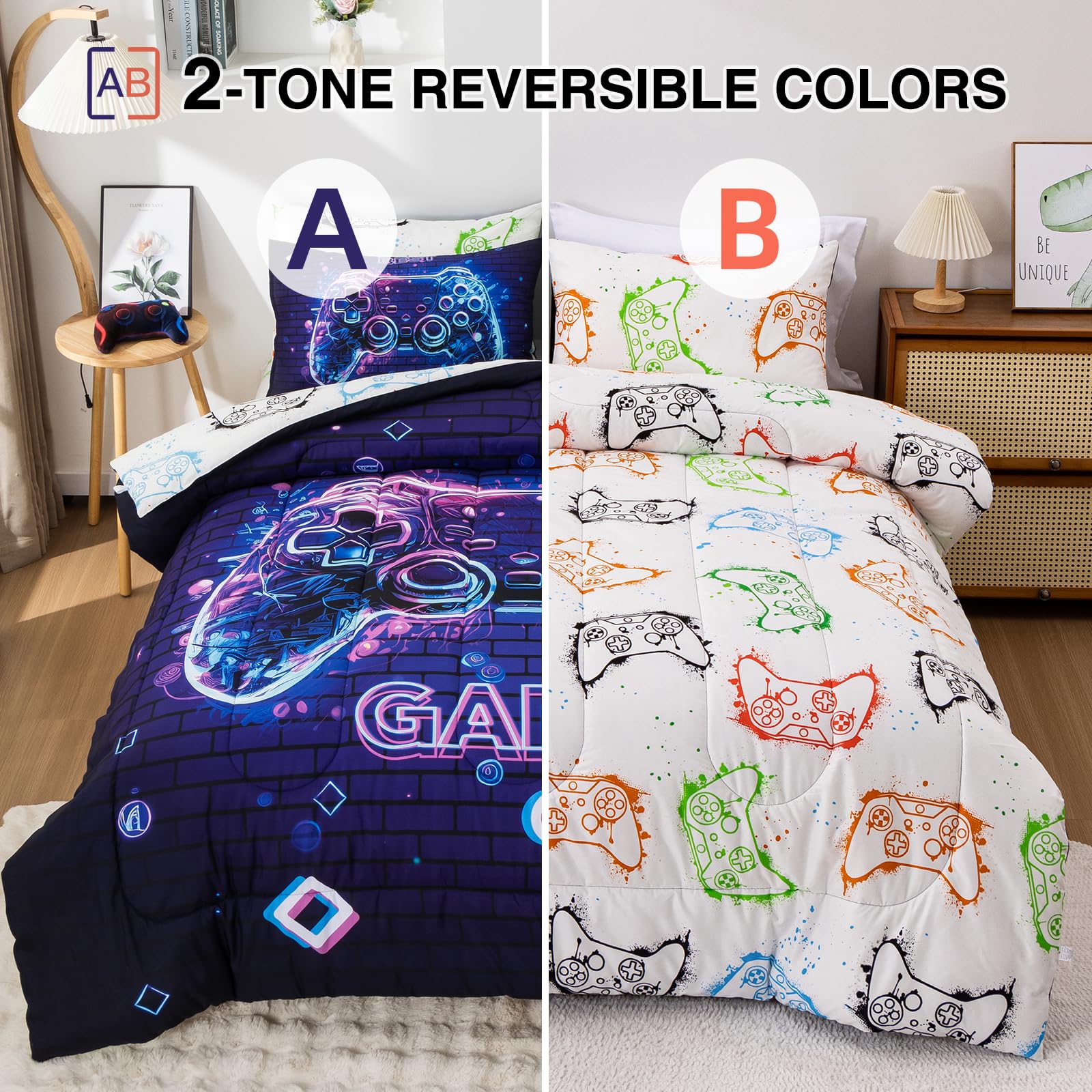 A Nice Night 5Pcs Gaming Comforter Set,Blue Purple 3D Game Contoller Themed Printing Bedding Sets for Kids Teen Boys, Reversible Comforter for All Seasons,Twin