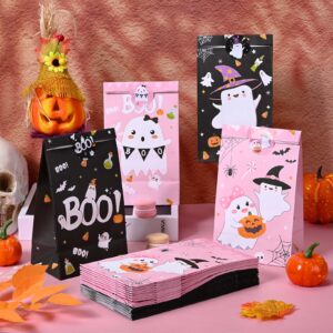 24Pcs Halloween Paper Treat Bags Pink Black Boo Ghost Pumpkin Candy Goodie Bags with Stickers for Halloween Trick or Treat Party Favors Baby Shower Supplies