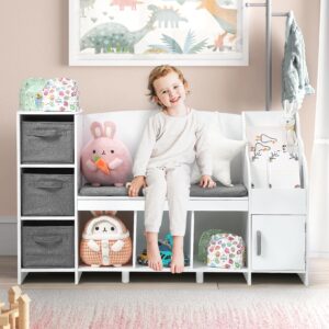 kids bookshelf with reading nook, bookcase with detachable cushion ，storage organizer with book rack for bedroom, playroom, gift for boys and girls, white