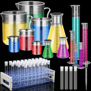 baderke 40 pcs plastic test tubes with rack 5 pcs graduated cylinder 6 pcs plastic beakers 3 pcs plastic erlenmeyer flask 10 pcs plastic transfer pipette for school lab party diy