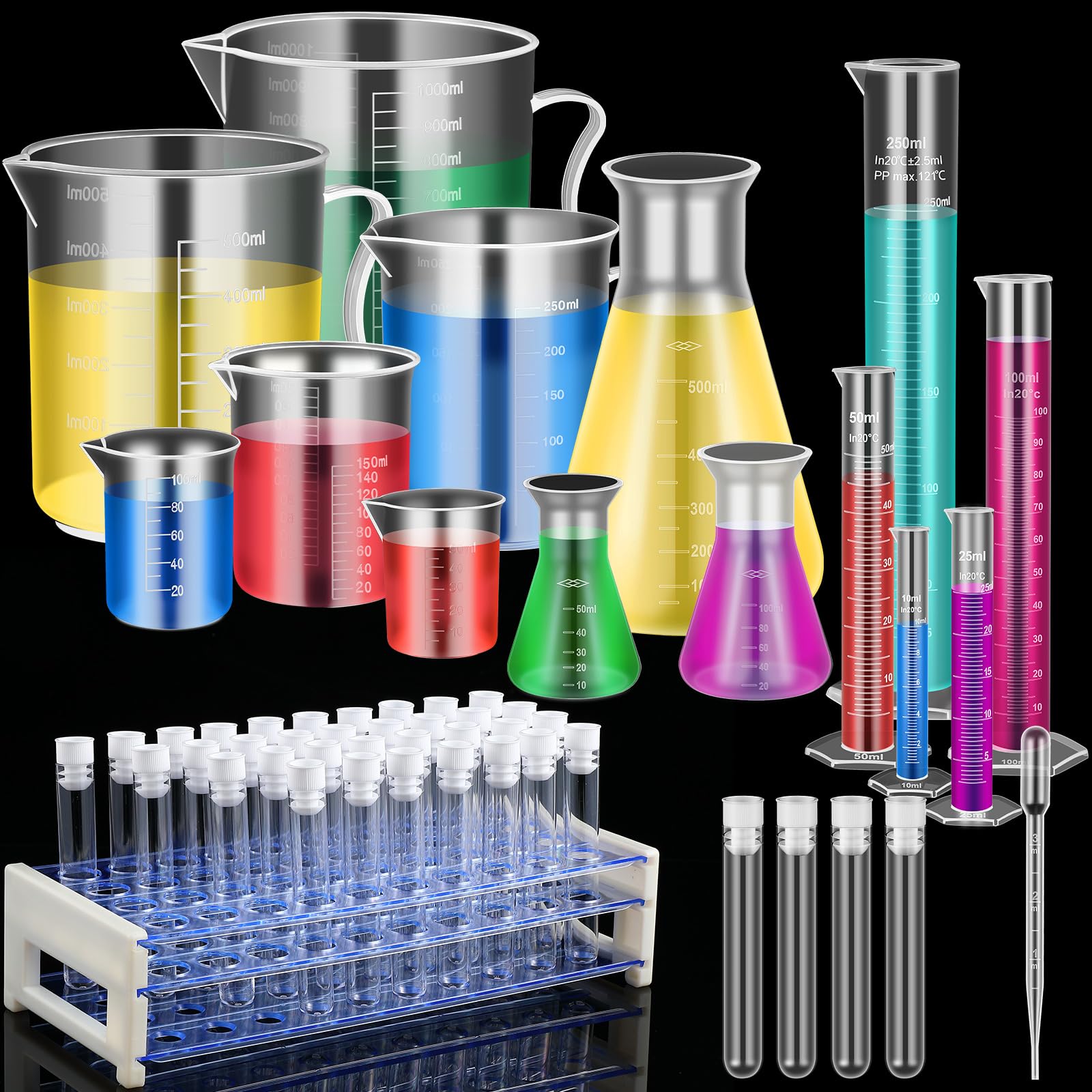 Baderke 40 Pcs Plastic Test Tubes with Rack 5 Pcs Graduated Cylinder 6 Pcs Plastic Beakers 3 Pcs Plastic Erlenmeyer Flask 10 Pcs Plastic Transfer Pipette for School Lab Party DIY