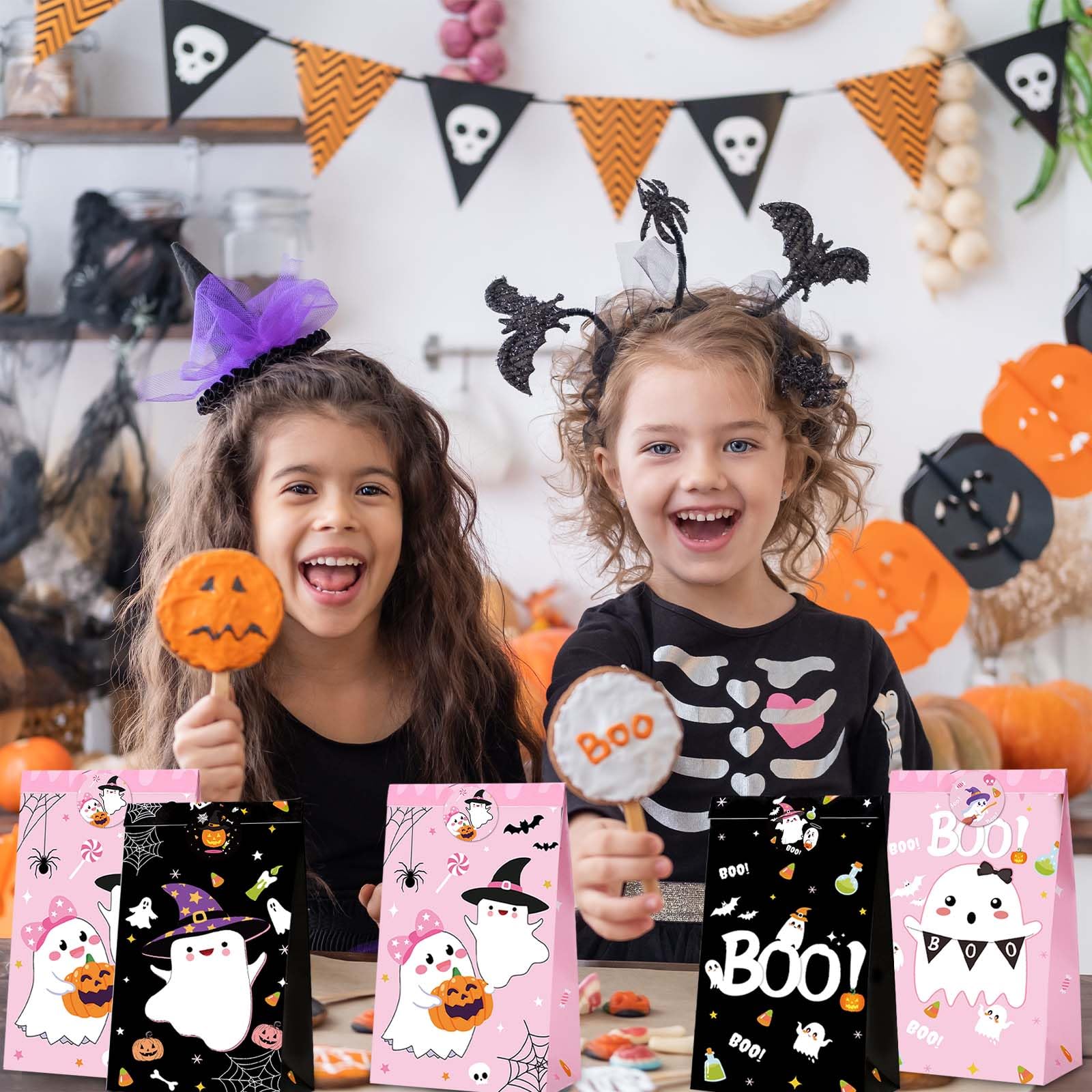 24Pcs Halloween Paper Treat Bags Pink Black Boo Ghost Pumpkin Candy Goodie Bags with Stickers for Halloween Trick or Treat Party Favors Baby Shower Supplies