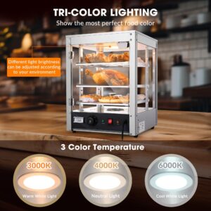 WeChef 15" 3-Tier Commercial Food Warmer Pizza Warmer Display Electric Countertop with LED Adjustable Lighting Stainless Steel Pastry Display Case for Fast Food Restaurant Food Truck Food Tent