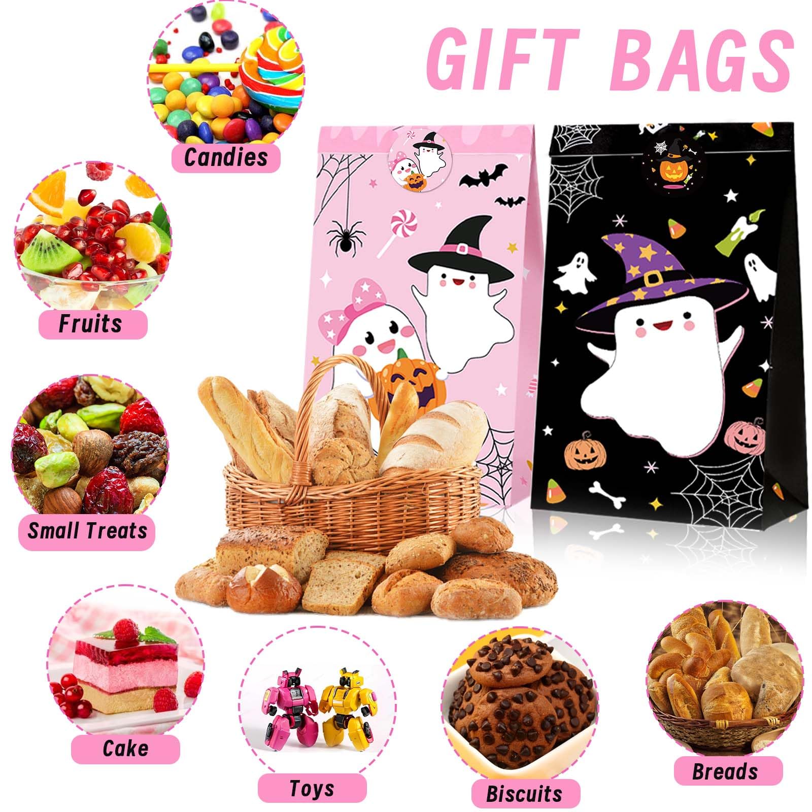 24Pcs Halloween Paper Treat Bags Pink Black Boo Ghost Pumpkin Candy Goodie Bags with Stickers for Halloween Trick or Treat Party Favors Baby Shower Supplies