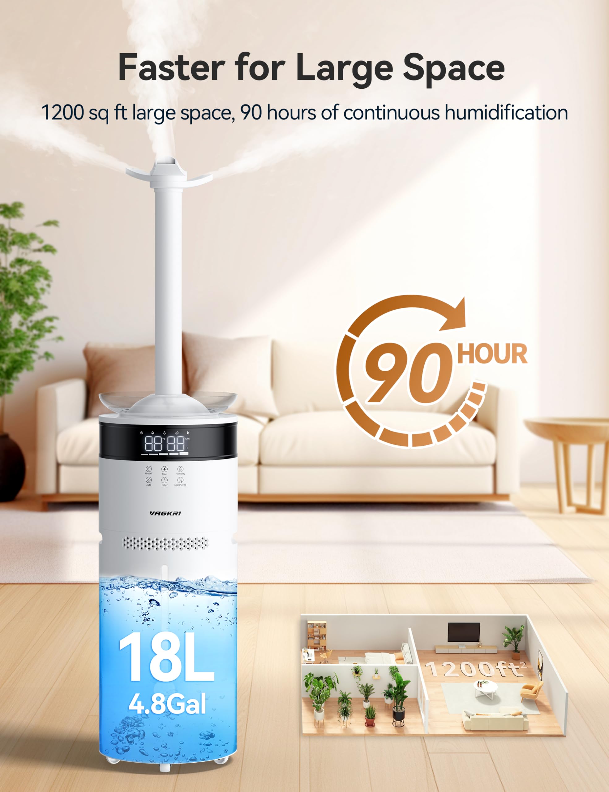 VAGKRI Humidifiers for Large Room, 18L Ultrasonic Cool Mist Humidifier for Home 1200 sq ft, 5 Mist Levels, Auto Mode, Whole House Humidifiers with 2 Extended Tube Quiet Humidifiers for Baby Home Plant