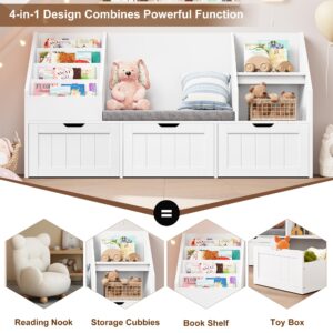 FOTOSOK 55.1’’ Kids Bookshelf with Reading Nook, Toy Storage Organizer with Seat Cushion and 3 Movable Drawers, Kids Reading Nook Toy Organizers and Storage with Bench for Playroom, Bedroom, White