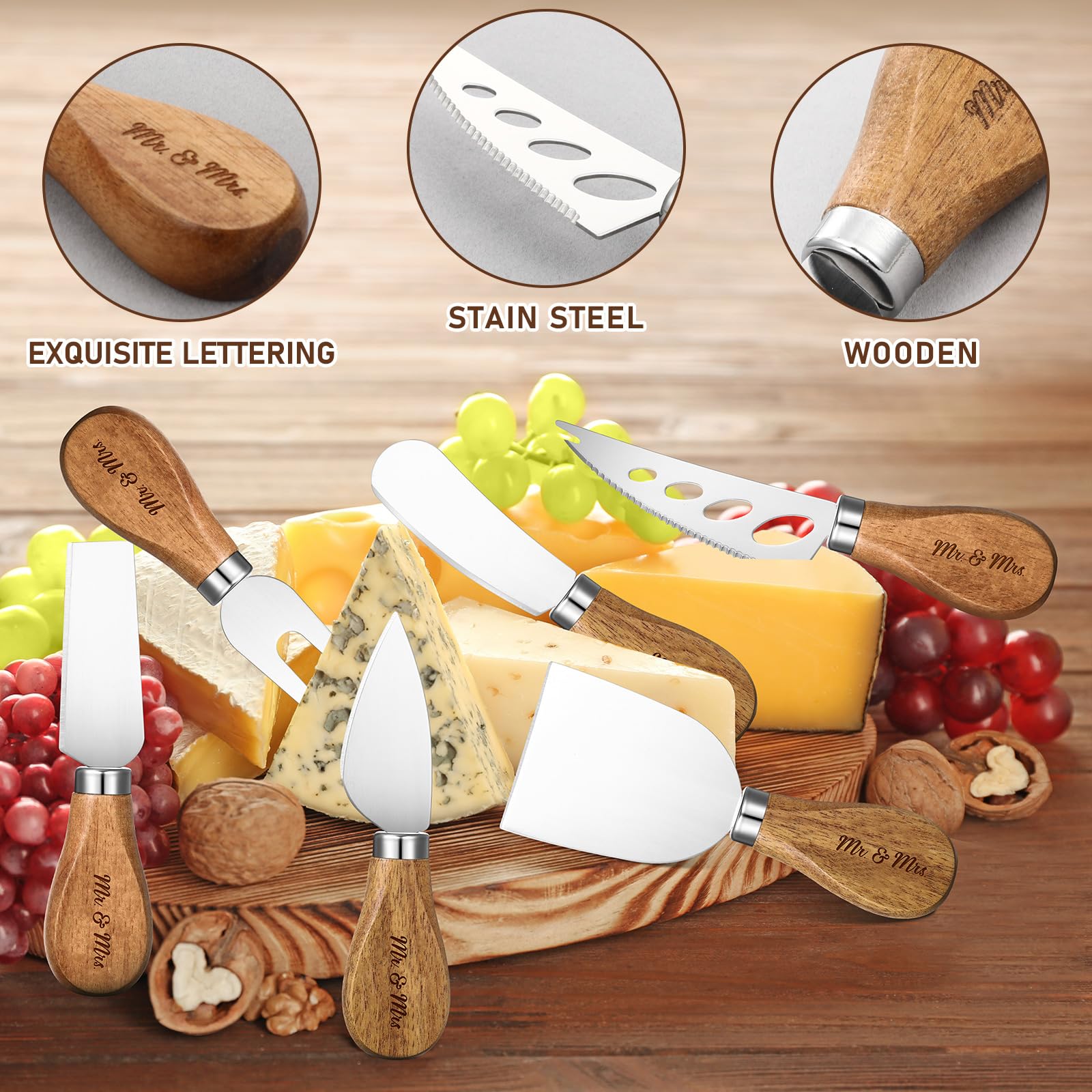 Teenyyou 6 Pcs Cheese Knife Set Wedding Gifts Stainless Steel Cheese Knives Collection with Wooden Handle Mr and Mrs Gifts Bridal Shower Gifts, Bride to Be Engagement Gifts for Couple Newlyweds