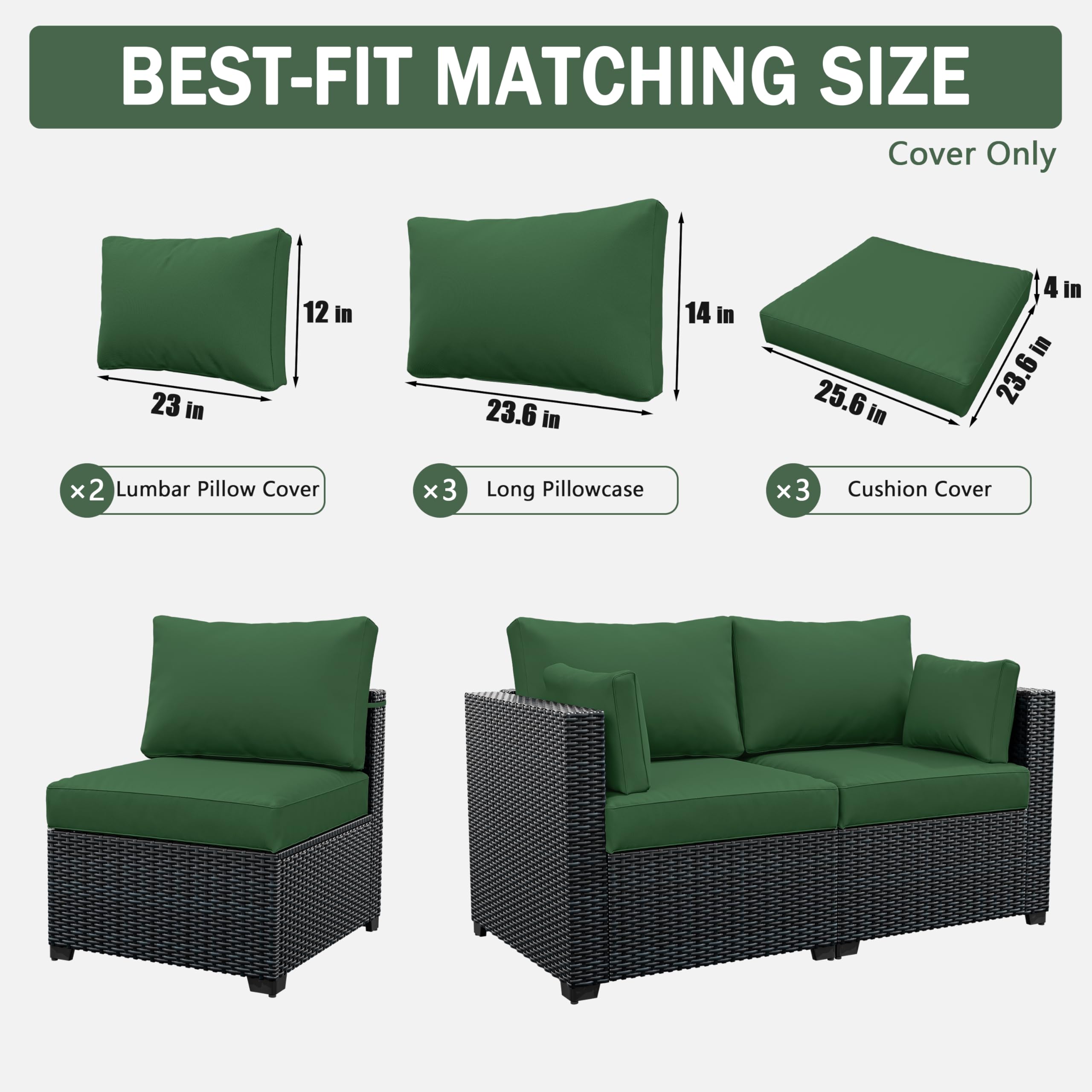 Kimunuk 8p Outdoor Cushion Slipcovers Outdoor Patio Cushions Covers Replacement Waterproof with Zipper for 3-Seat Outdoor Rattan Sofa Patio Furniture Cushion Covers Green, Covers Only