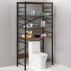 PrimeZone Over The Toilet Storage Shelf - 4 Tier Adjustable Metal Bathroom Shelves Organizer with 6 Hooks, Freestanding Above Toilet Storage Rack Waterproof Space Saver for Bathroom Laundry, Black