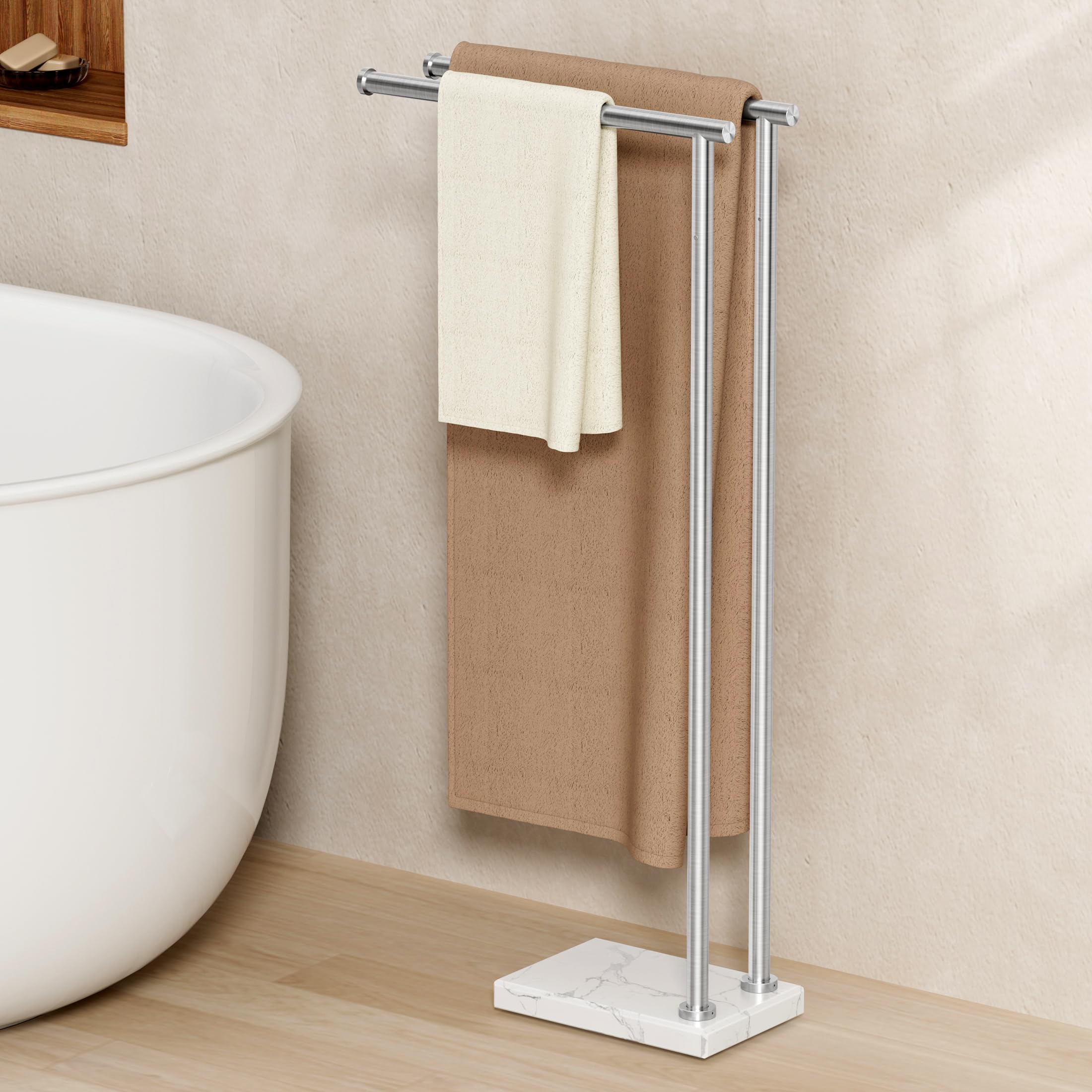 KES Free Standing Towel Racks for Bathroom, 2-Tier Towel Stand for Bathroom Floor with Weighted Natural Marble Base 3X Thicker, 18/8 Stainless Steel, Brushed Finish, BTH235-2