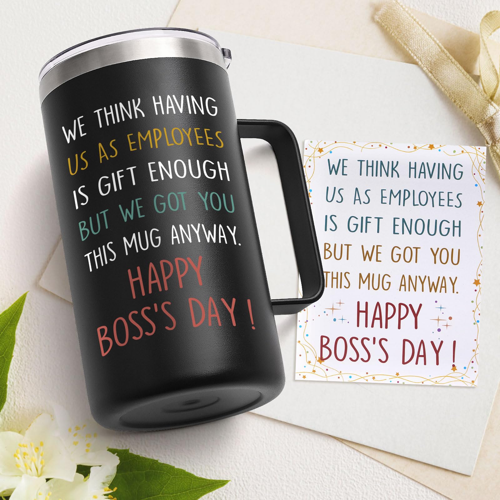 Lifecapido Boss Day Gifts, Boss Gifts, Having Us As Employees Is Gift Enough 20oz Insulated Coffee Mug with Boss Day Card, Birthday Retirement Christmas Gifts for Boss Employer from Employees, Black