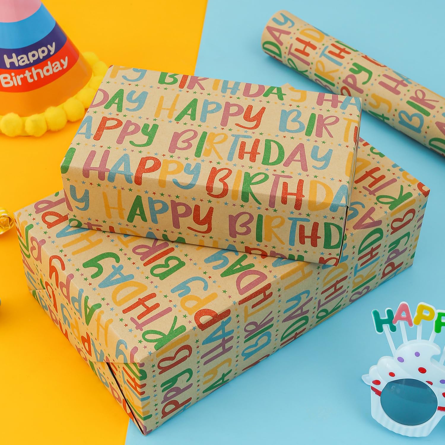 CAMKUZON Kraft Birthday Wrapping Paper Roll with Cutlines - Colorful Happy Birthday Text and Star Design - Gift Wrap Paper for Birthday Celebration Baby Shower, 17.4 Inch