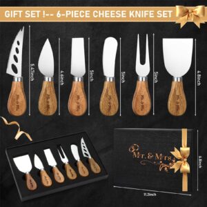 Teenyyou 6 Pcs Cheese Knife Set Wedding Gifts Stainless Steel Cheese Knives Collection with Wooden Handle Mr and Mrs Gifts Bridal Shower Gifts, Bride to Be Engagement Gifts for Couple Newlyweds