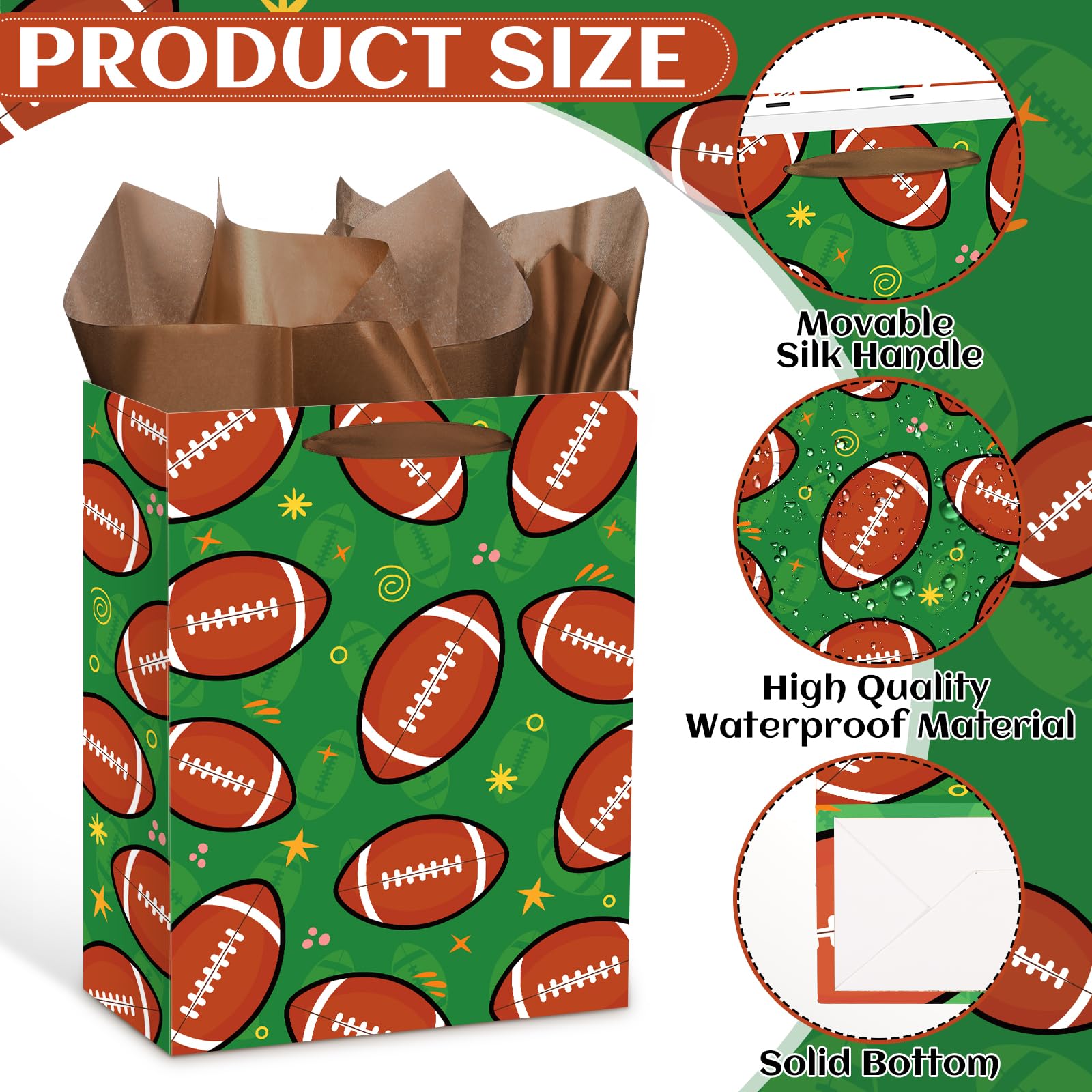 Football Gift Bag with Tissue Paper Set Football Party Gift Wrap Bags and Greeting Card Decorations for Sports Party Favor Football Birthday Goodie Treat Wrapping Bag for Boy Men Team Supplies