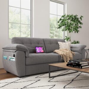 CHYMSUN 87" Modern Sofa, Comfy Sofa Couch w/Extra Deep Seats, 2/3 Seater Couches w/USB Charging Ports & Side Pockets, Sleeper Sofas for Living Room, Apartment, Office (Grey Chenille)