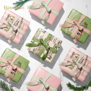 NICROHOME EUR 24 Sheets Christmas Tissue Paper, Sage Green Pink Tissue Wrapping Paper with Christmas Tree House Snowman Socks Pattern, Small Gifts Wrapping Paper for Xmas Crafts Gifts (15 X 20 Inch)