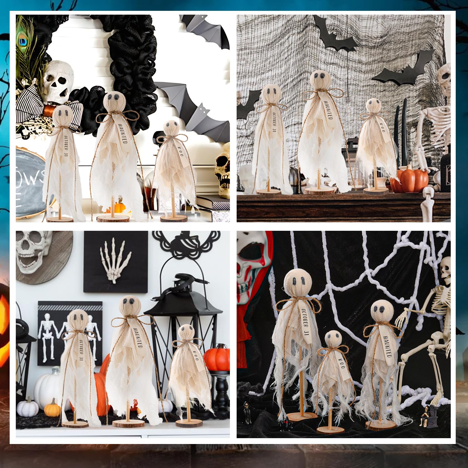 3Pcs Halloween Ghost Standing Table Decor, Fabric Ghost Sign for Table, Primitive Halloween Ghosts Shelf Sitters on Wooden Stand for Table Centerpieces, Shelves, and Mantels - Spooky Decor (White)