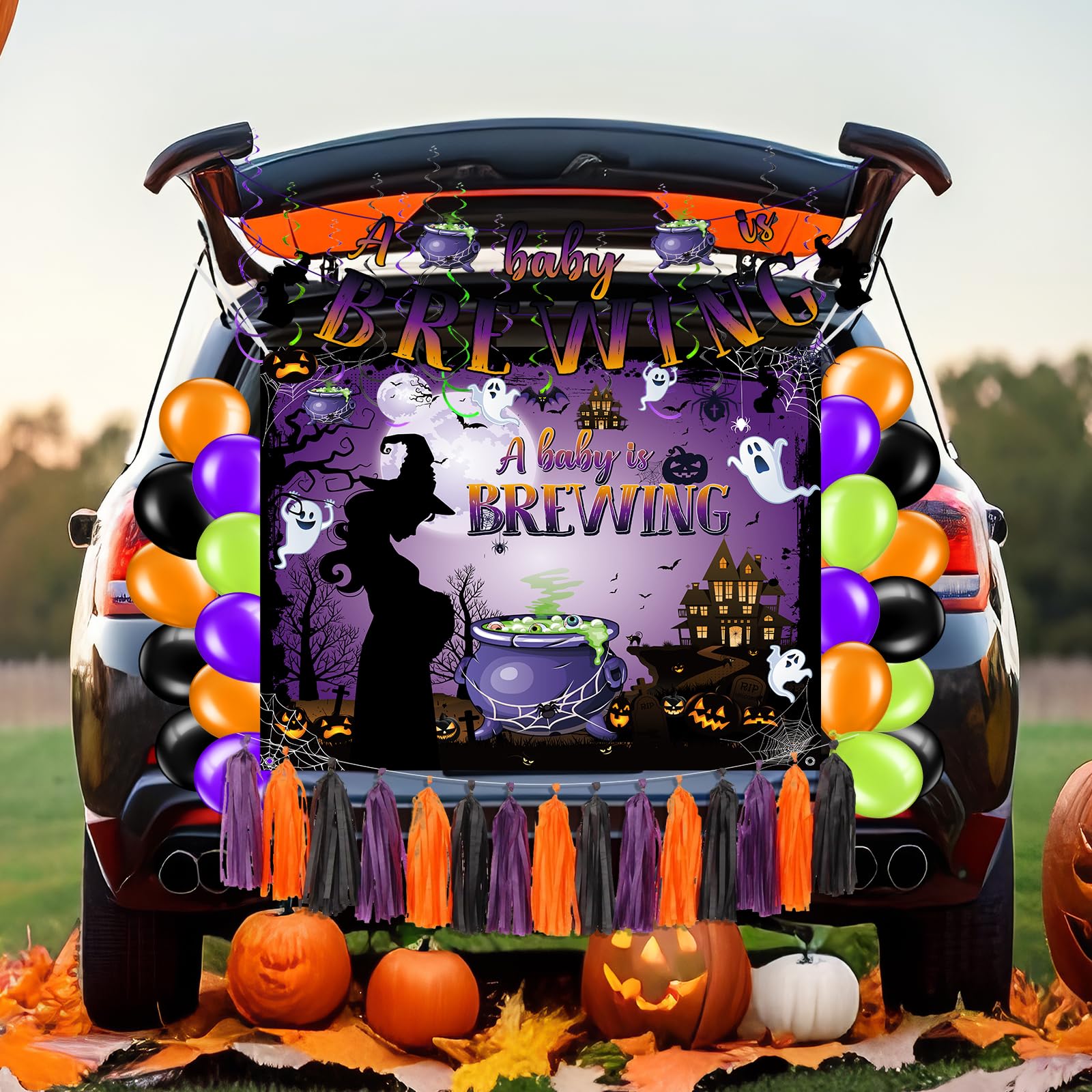 Halloween Baby Shower Decorations, A Baby is Brewing Gender Reveal Trunk or Treat Car Decorations Kit for SUV with Backdrop Banner Hanging Swirl Balloon for Halloween Baby Brewing Party Supplies Decor