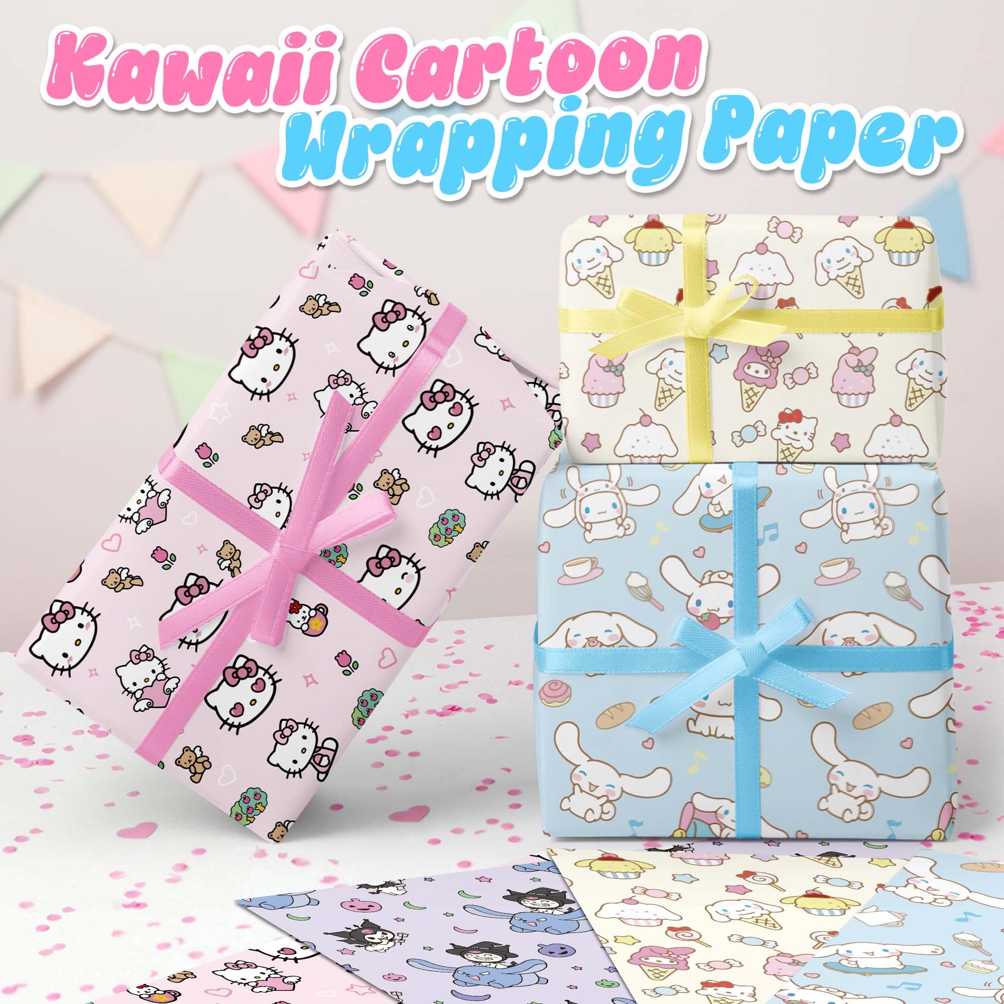 Kawaii Cartoon Anime Wrapping Paper, 12 Sheets Cute Kitty Cinnamon Character Folded Flat Wrap Paper Gift Packaging Handmade DIY Crafts Party Favors Supplies for Christmas Holiday Birthday Baby Shower