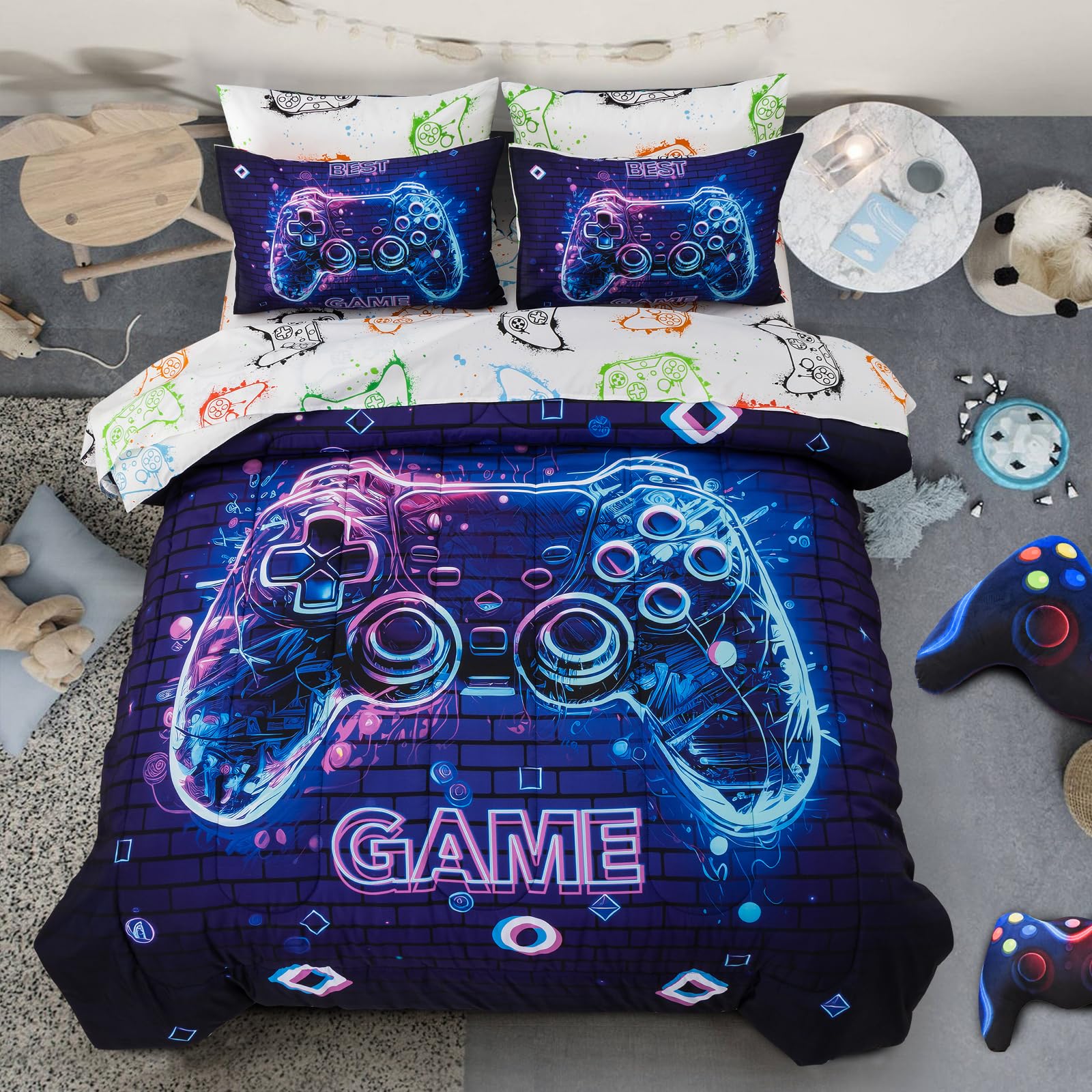 A Nice Night 5Pcs Gaming Comforter Set,Blue Purple 3D Game Contoller Themed Printing Bedding Sets for Kids Teen Boys, Reversible Comforter for All Seasons,Twin