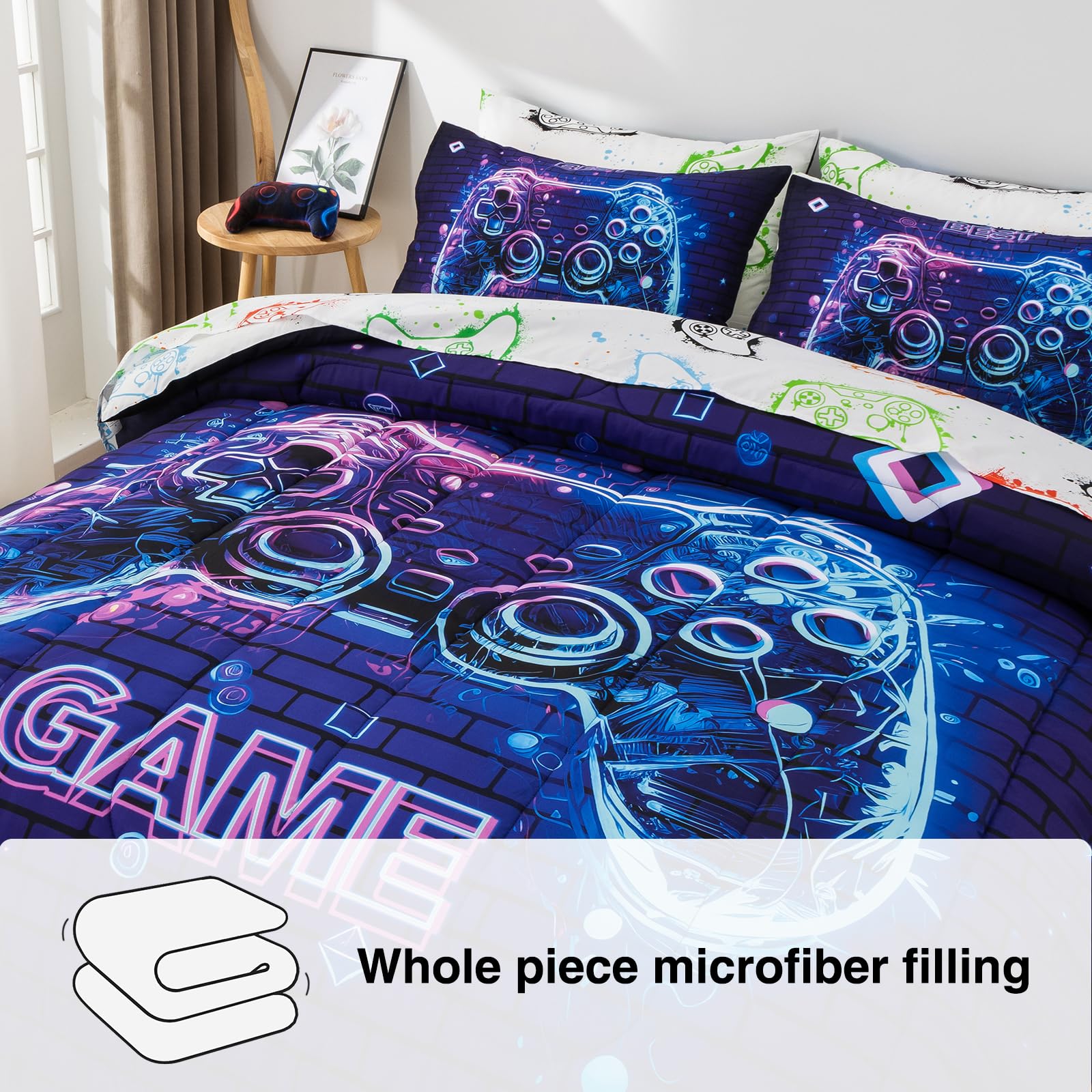 A Nice Night 5Pcs Gaming Comforter Set,Blue Purple 3D Game Contoller Themed Printing Bedding Sets for Kids Teen Boys, Reversible Comforter for All Seasons,Twin