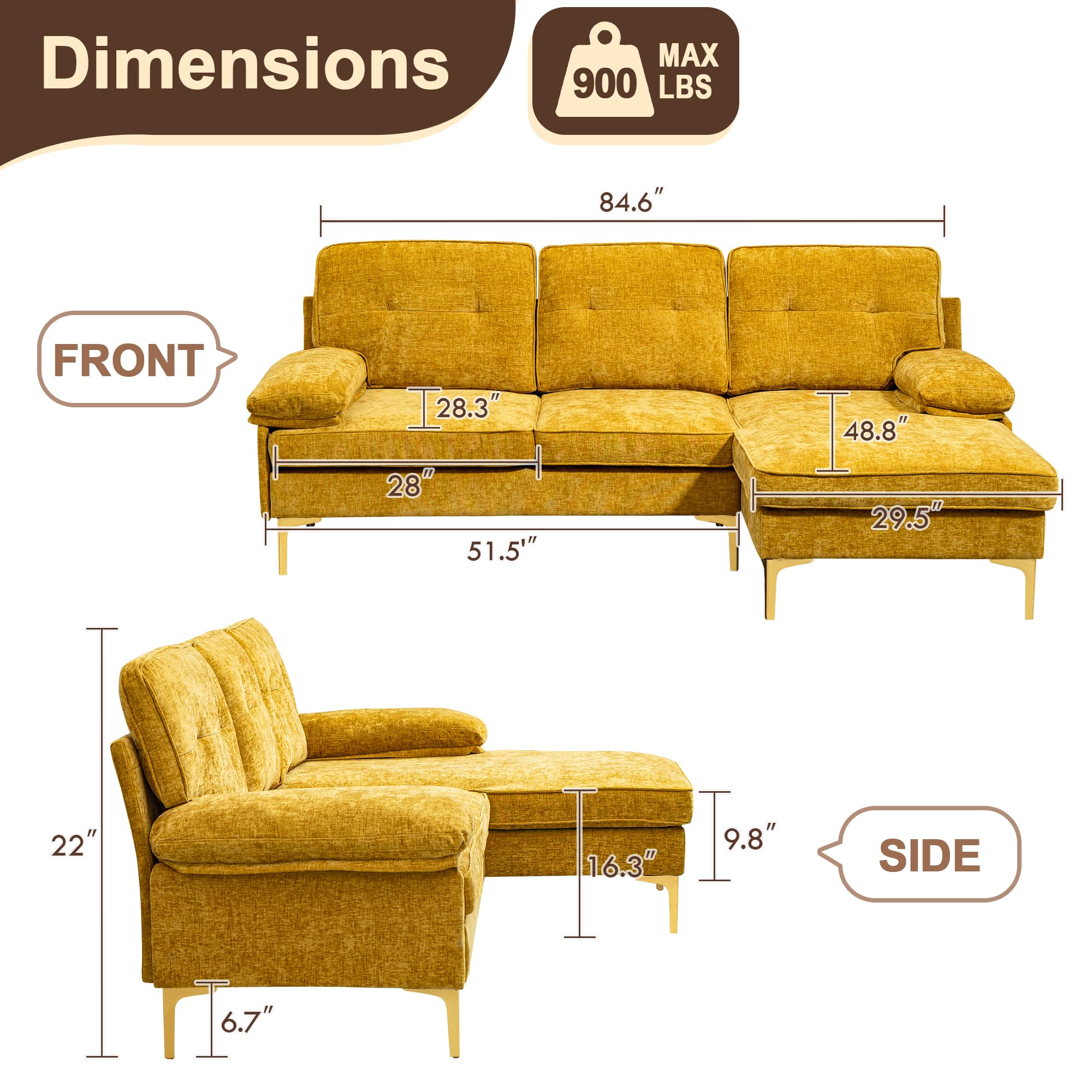 PALLOME 84" Convertible Sectional Sofa Couch, L Shaped Sofa Couch with Reversible Chaise, Chenille 3-Seat Lounge Couch, Sleeper Sofa Bed for Small Space, Living Room, Apartment (Yellow)