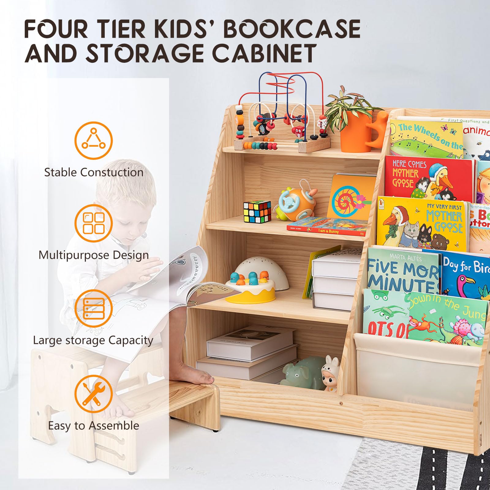 ZBPRESS Kids Wooden Bookshelf with Storage,Kids Bookshelf and Toy Storage Organizer, Solid Wood Kids Bookshelf,Toddler Bookshelf,Classroom Bookshelf