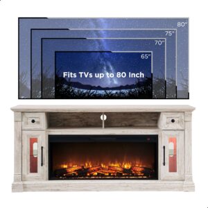 OKD Fireplace TV Stand for 80 Inch TV - Farmhouse Entertainment Center with 42" Electric Fireplace & LED Lights, Wood Media Console with Storage Drawers & Cabinets for Living Room, Antique Brush White