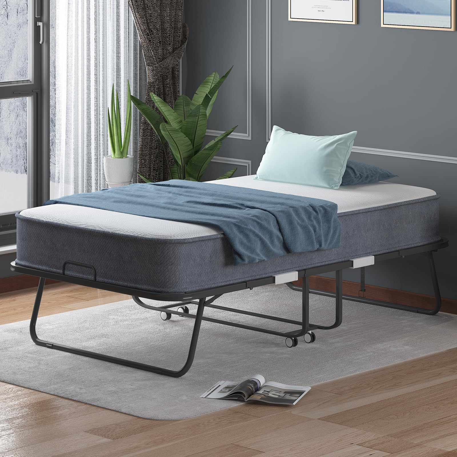 CECER Twin Size Rollaway Bed with 5 Inch Foam Mattress, 75" x 38" Folding Bed, Space-Saving Guest Bed, Portable Foldable Extra Bed for Adults with Sturdy Metal Frame for Easy Storage