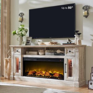 okd fireplace tv stand for 80 inch tv - farmhouse entertainment center with 42" electric fireplace & led lights, wood media console with storage drawers & cabinets for living room, antique brush white