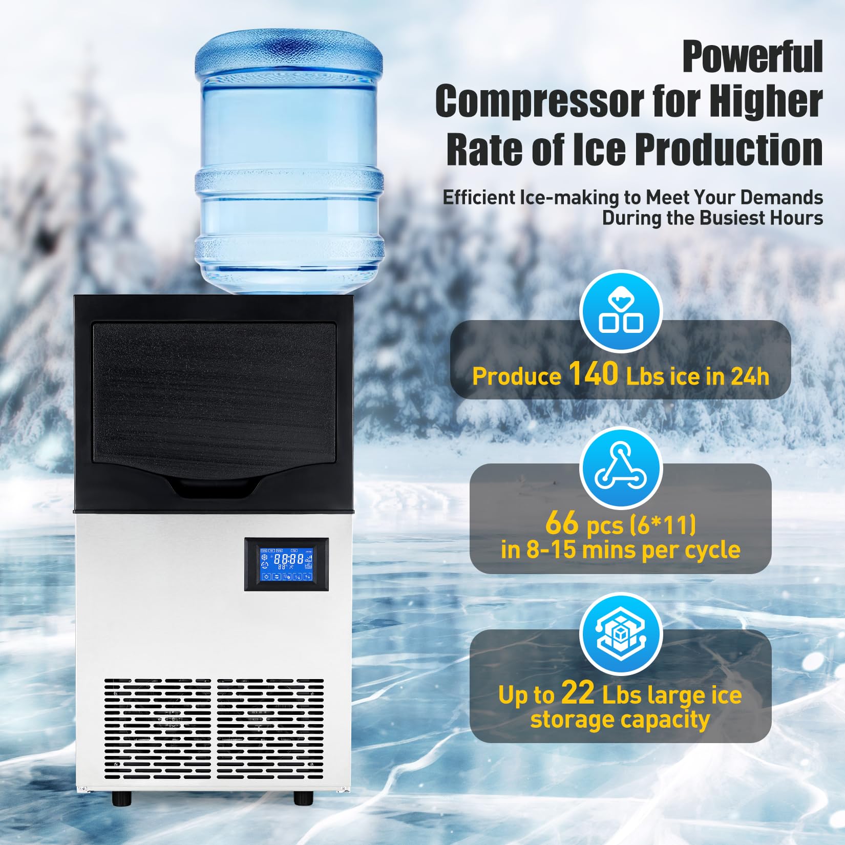 GarveeTech 140LBS/24H Commercial Ice Maker Machine, with 2 Water Inlets, Freestanding Ice Machine with 22 lbs Storage Bin, Ice Scoop & Water Filter for Home Office Restaurant Bar Cafe