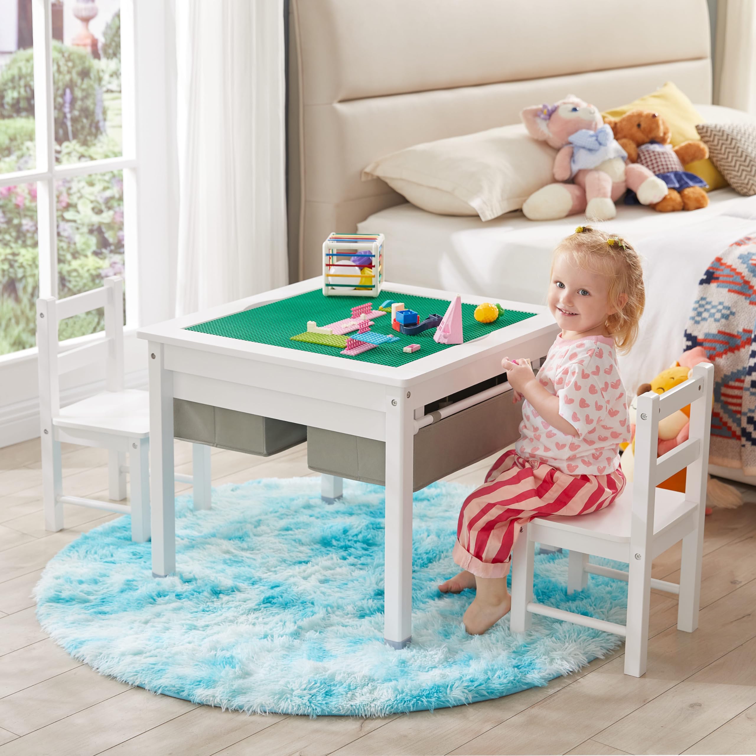 Onirw 3 in 1 Kids Table and 2 Chairs Set with Storage Drawers, Toddler Construction Play Table with Detachable Blocks and Blackboard Tabletop, Compatible with Lego and Duplo Bricks (White)