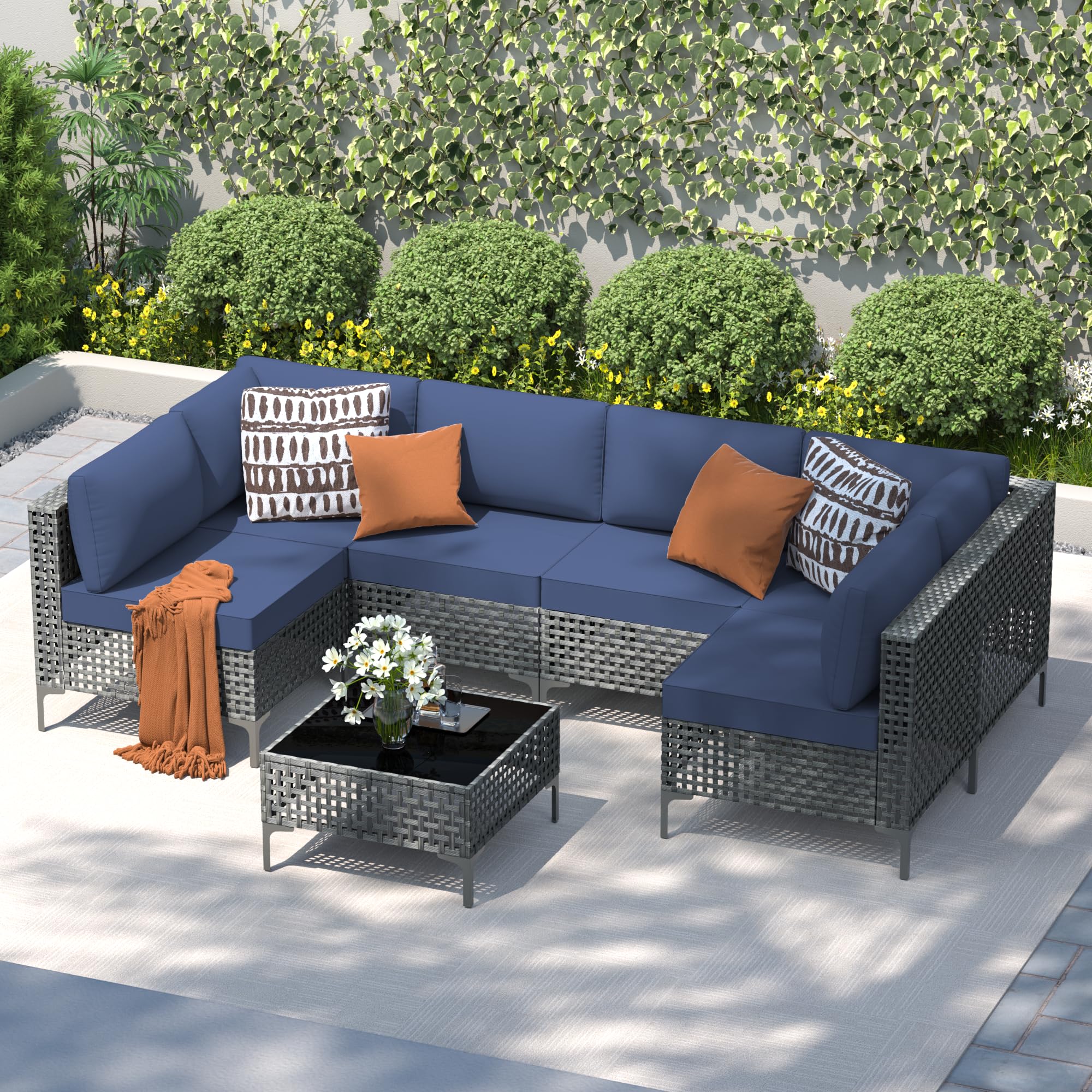 Kurapika 7 Pieces Wicker Patio Furniture Set, Outdoor Conversation Sets, Modular Outdoor Sectional Sofa w/4 Inch Cushion and Glass Coffee Table (Navy Blue Cushions, Grey Rattan)