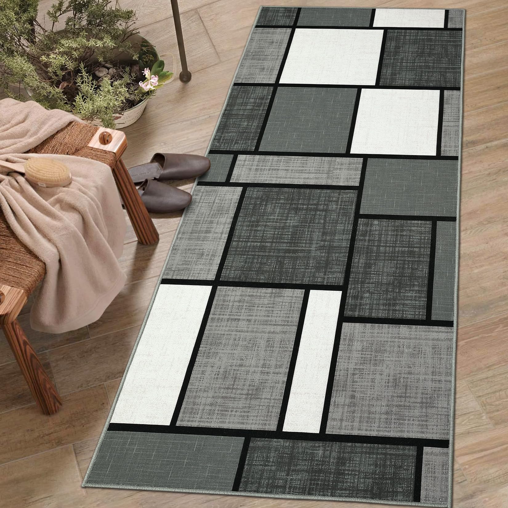 FairOnly 2x6 Runner Rug Washable Runner Rug Kitchen Runner Rug Geometric Runner Rugs Modern Floor Cover for Hallways Non Slip Runner Rug Low Pile Carpet for Living Room Bedroom Dining Room,Grey