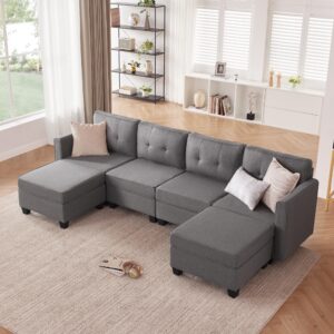 tbfit modular sectional couch sofa, convertible u shaped couch with storage ottomans, 6 seat modular sectionals sofa couches for living room, dark grey